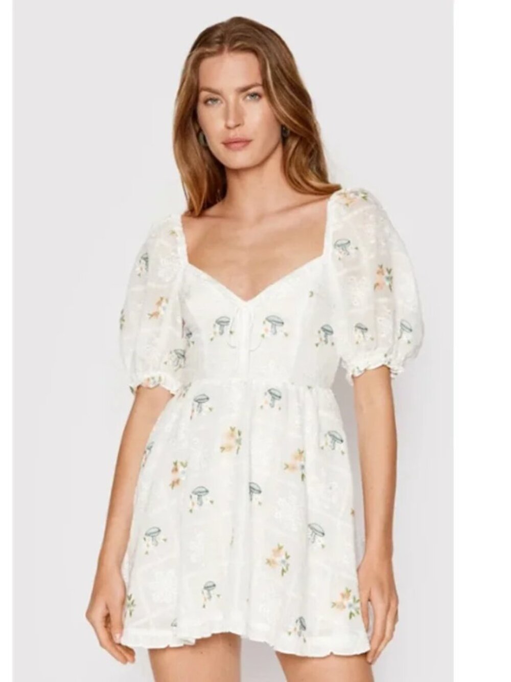For Love and Lemons Yolanda Mini Dress White Eyelet Mushroom Print Puff Sleeve L - Picture 2 of 12